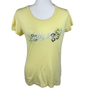 Helly Hansen Shirt Women Medium Yellow Short Sleeve Tee Spellout Floral Graphic